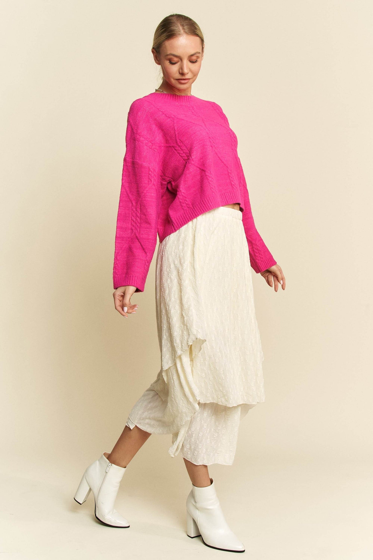 Davi & Dani Diamond Cable Pattern Drop Shoulder Sweater - DaTrendStore.Com