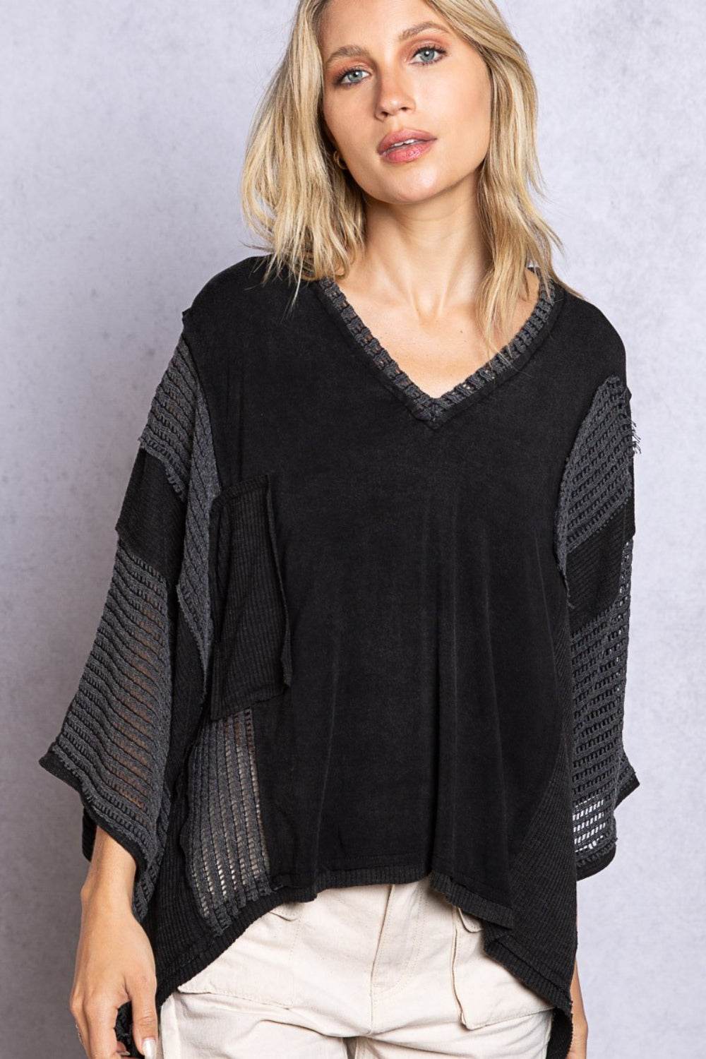 POL High-Low Contrast V-Neck Top - DaTrendStore.Com