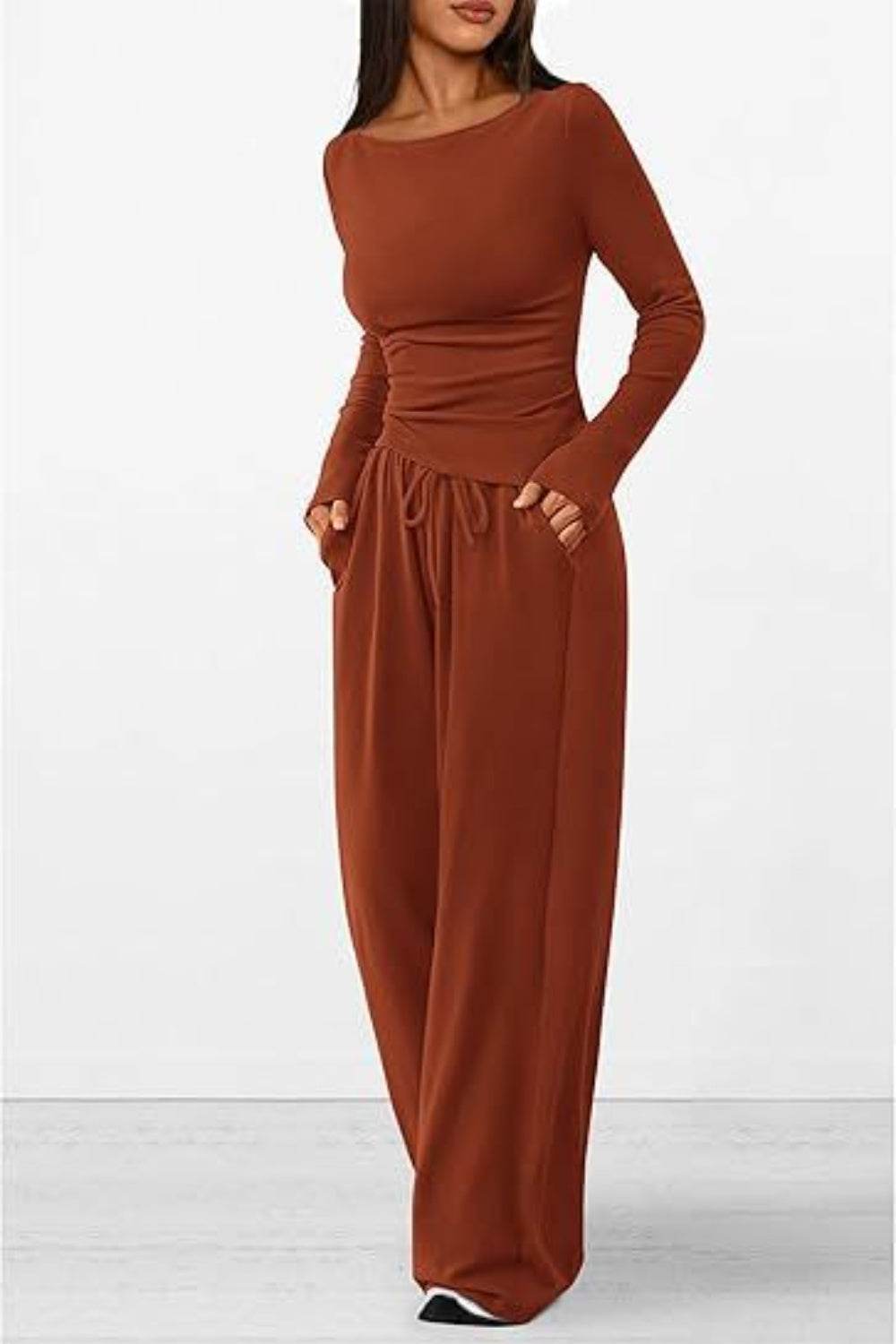 Round Neck Long Sleeve Top and Pants Set - DaTrendStore.Com