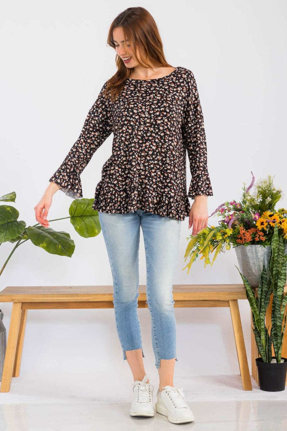 Celeste Full Size Floral Ruffle Detail Top - DaTrendStore.Com