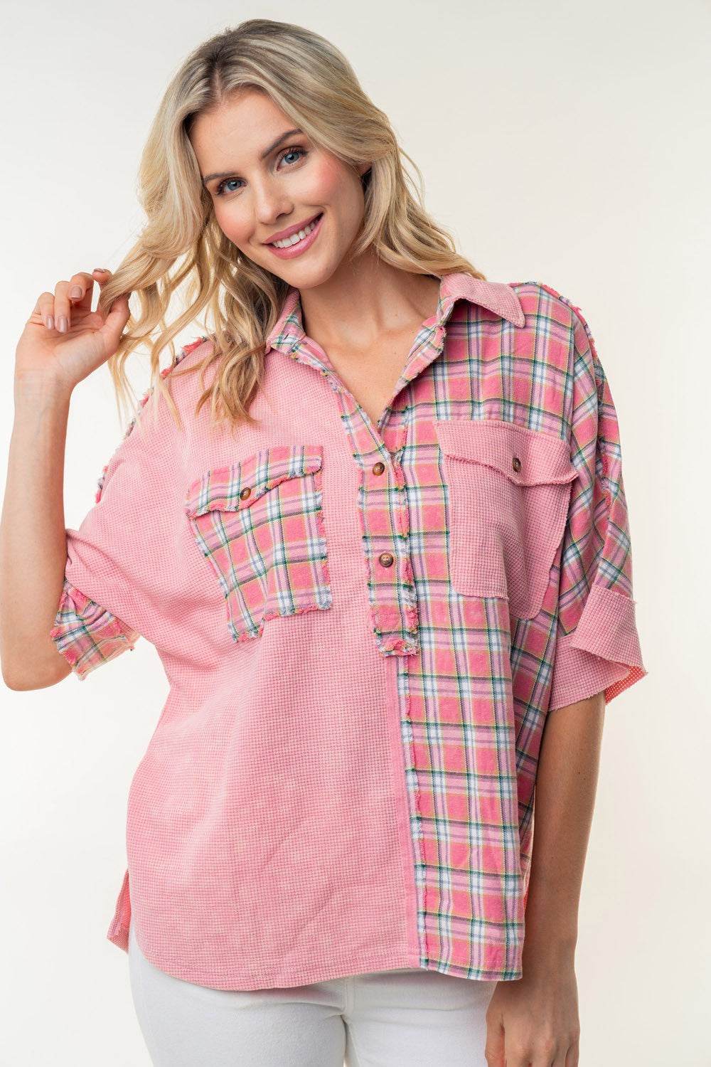 White Birch Plaid Color Block Half Button Top - DaTrendStore.Com
