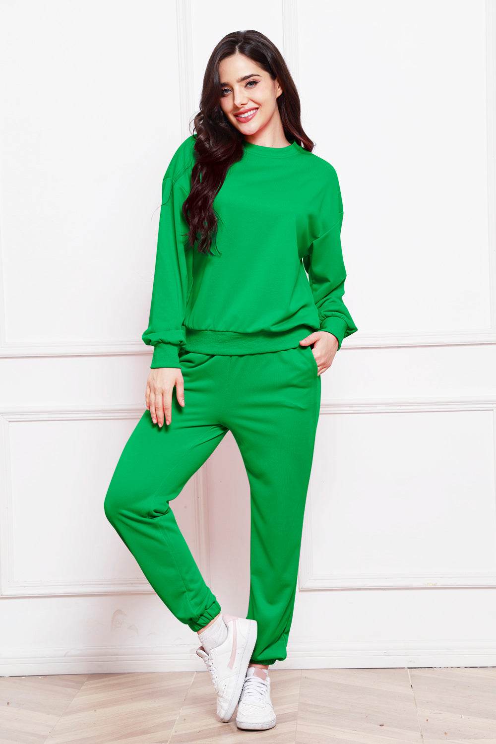Round Neck Long Sleeve Sweatshirt and Pants Set - DaTrendStore.Com