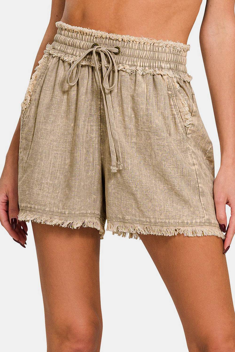 Zenana Washed Linen Frayed Hem Drawstring Shorts - DaTrendStore.Com