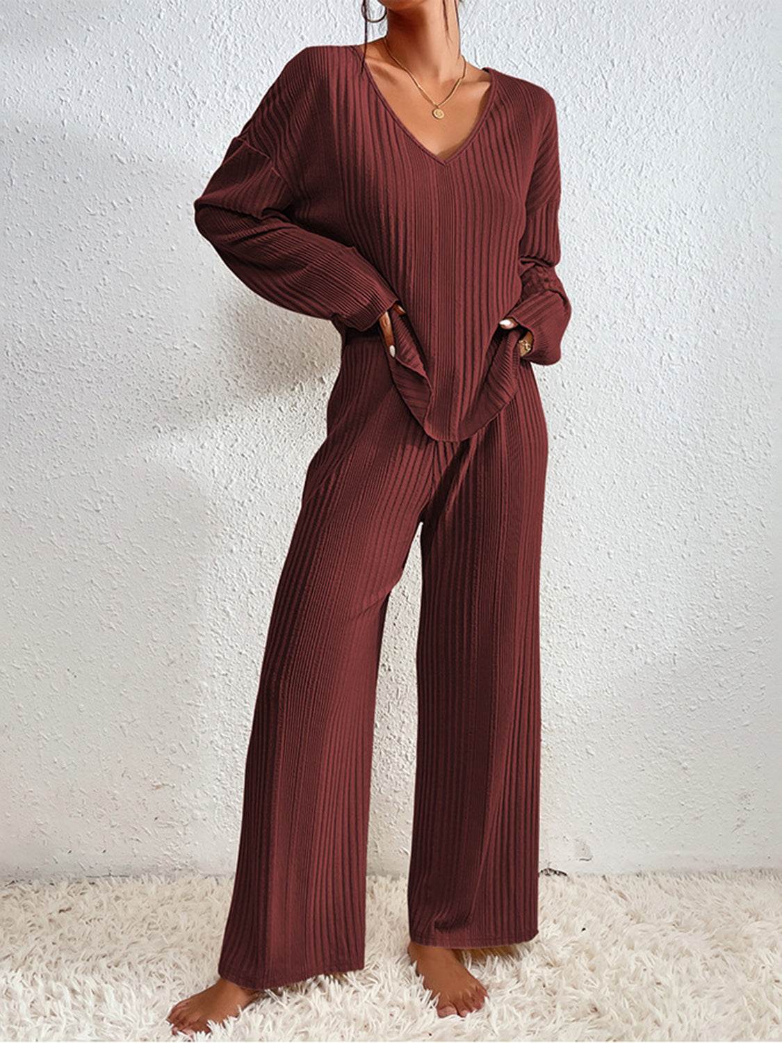 V-Neck Long Sleeve Top and Pants Set - DaTrendStore.Com