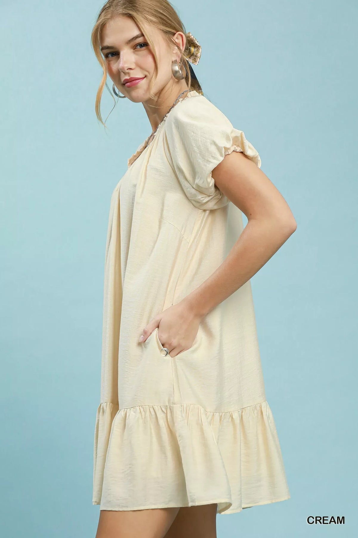 Umgee Ruffle Hem Shift Mini Dress - Cream