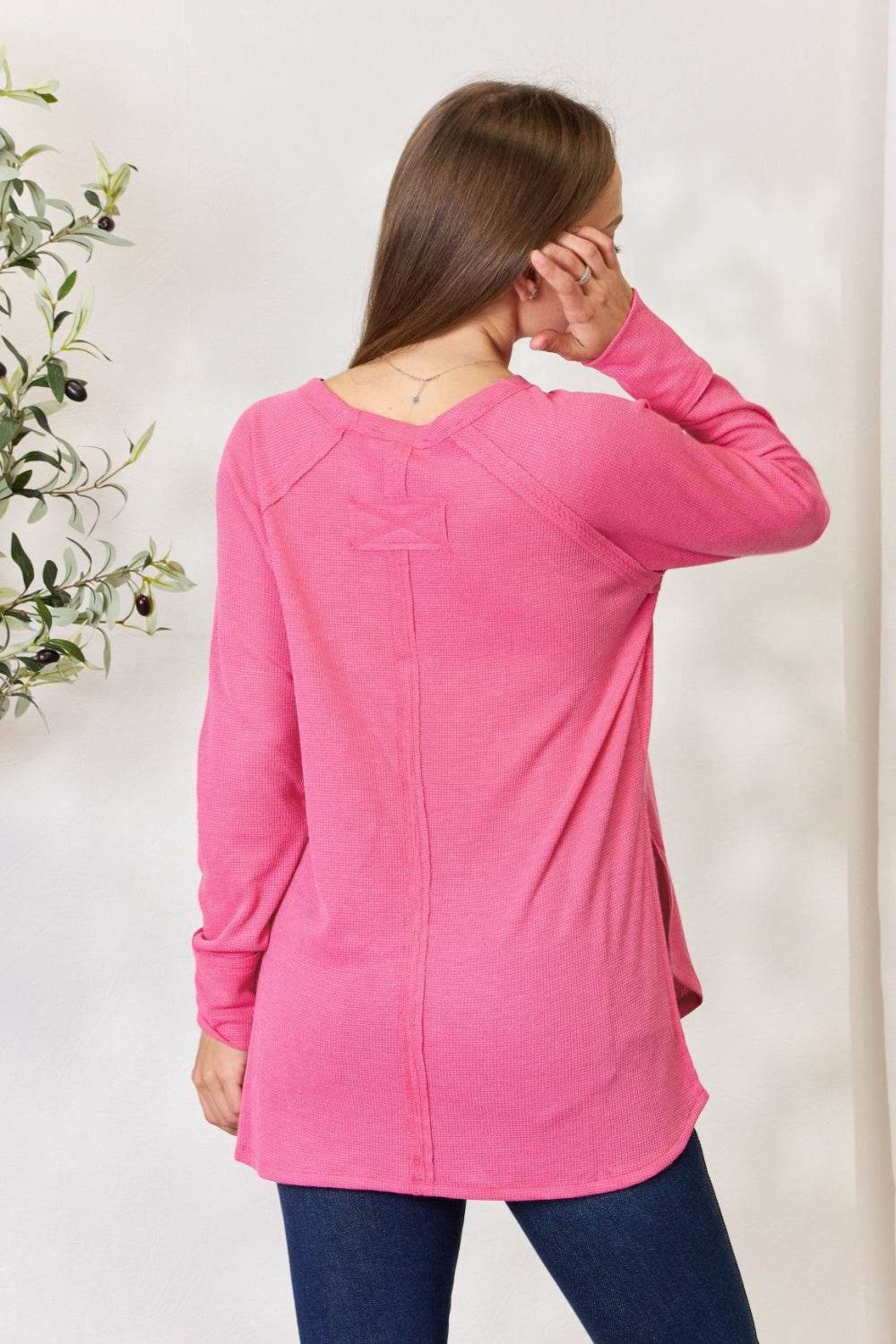 Zenana Round Neck Long Sleeve Slit Top - DaTrendStore.Com