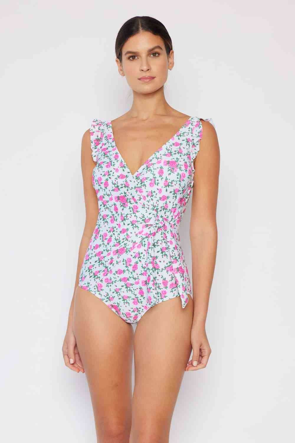 Marina West Swim Full Size Float On Ruffle Faux Wrap One-Piece in Roses Off-White - DaTrendStore.Com
