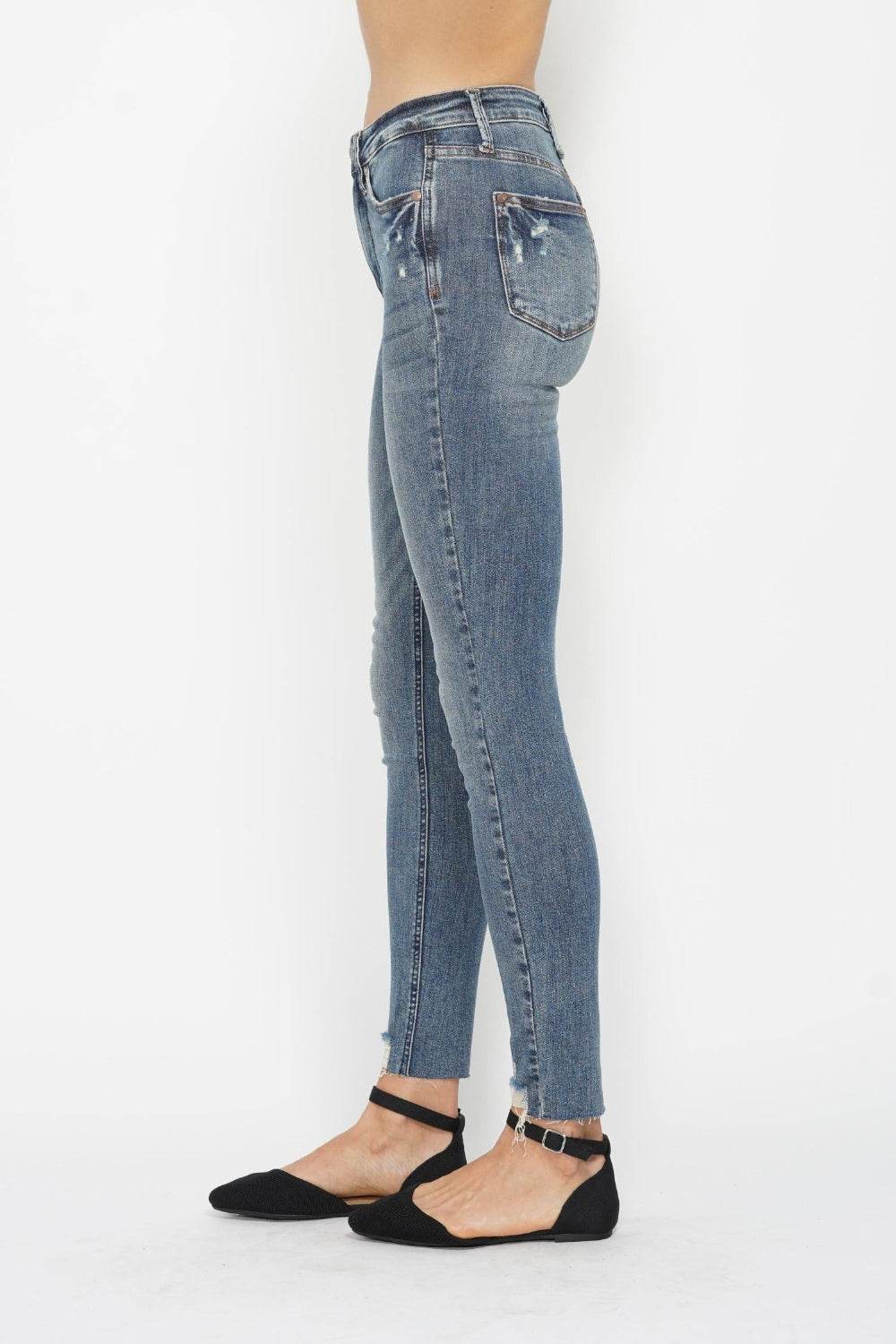 Judy Blue Full Size Tummy Control Vintage Wash Hem Destroy Skinny Jeans - DaTrendStore.Com