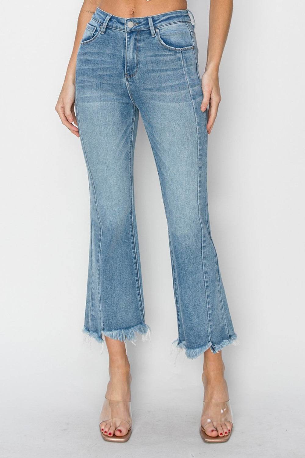 RISEN Full Size High Rise Frayed Hem Flare Jeans - DaTrendStore.Com
