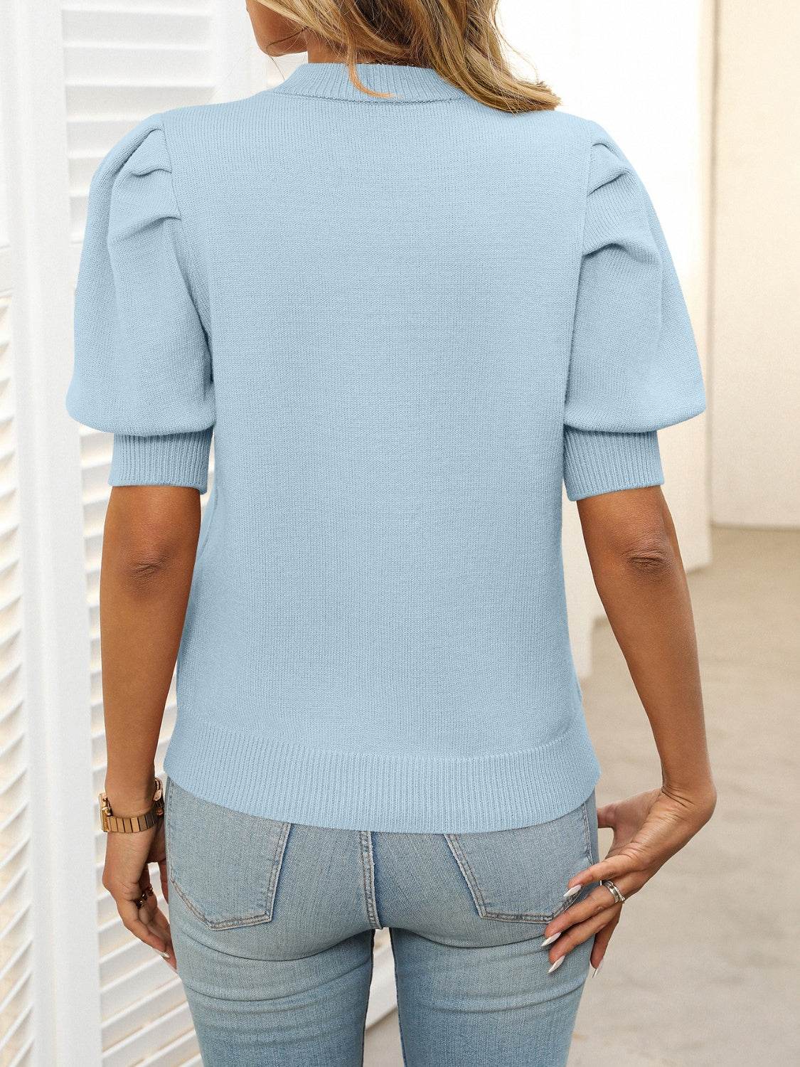 Mandy Mock Neck Puff Sleeve Sweater - DaTrendStore.Com