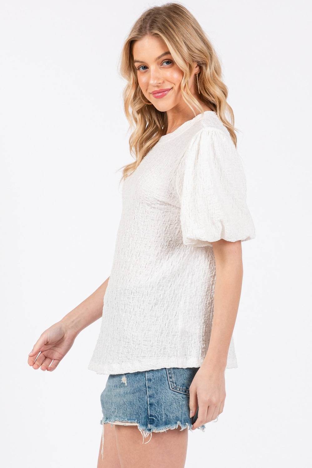 Ces Femme Textured Puff Sleeve Top - DaTrendStore.Com