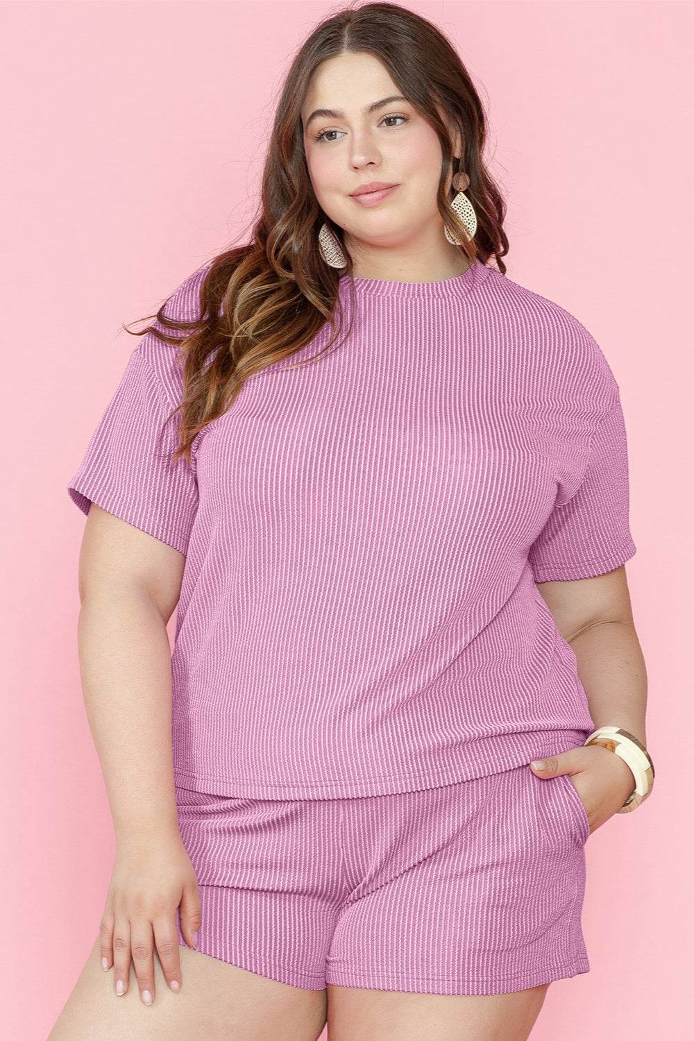 Plus Size Round Neck Short Sleeve Top and Shorts Set - DaTrendStore.Com