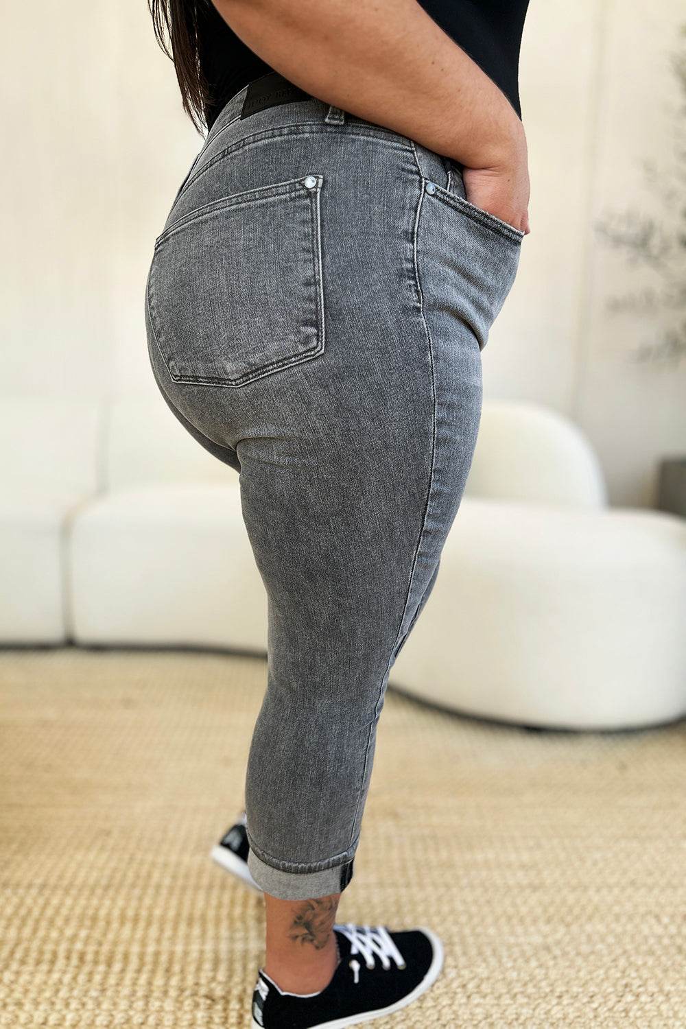 Judy Blue Full Size Button Fly High Waist Cuffed Capris - DaTrendStore.Com
