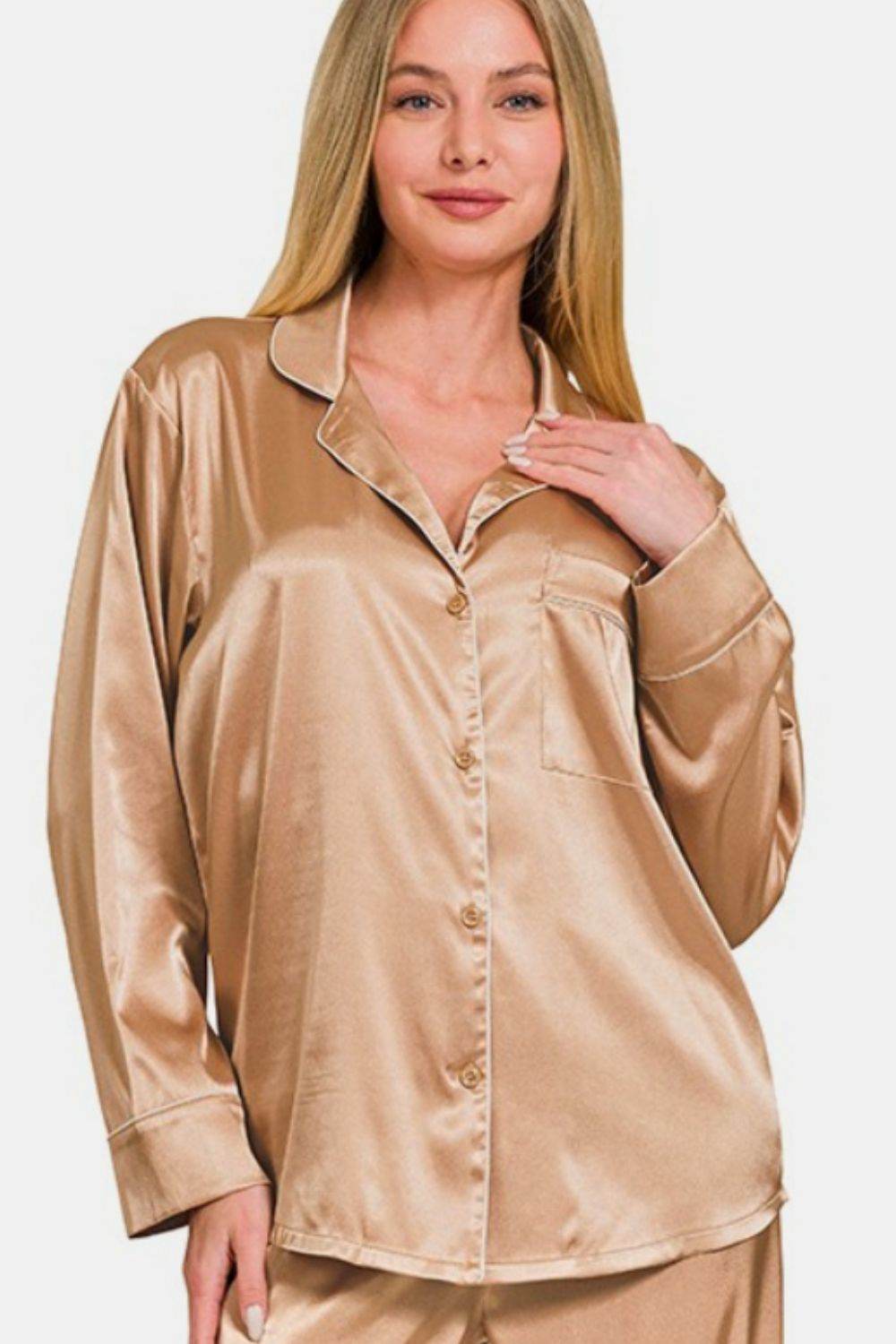 Zenana Satin Long Sleeve Shirt and Pants Pajama Set - DaTrendStore.Com