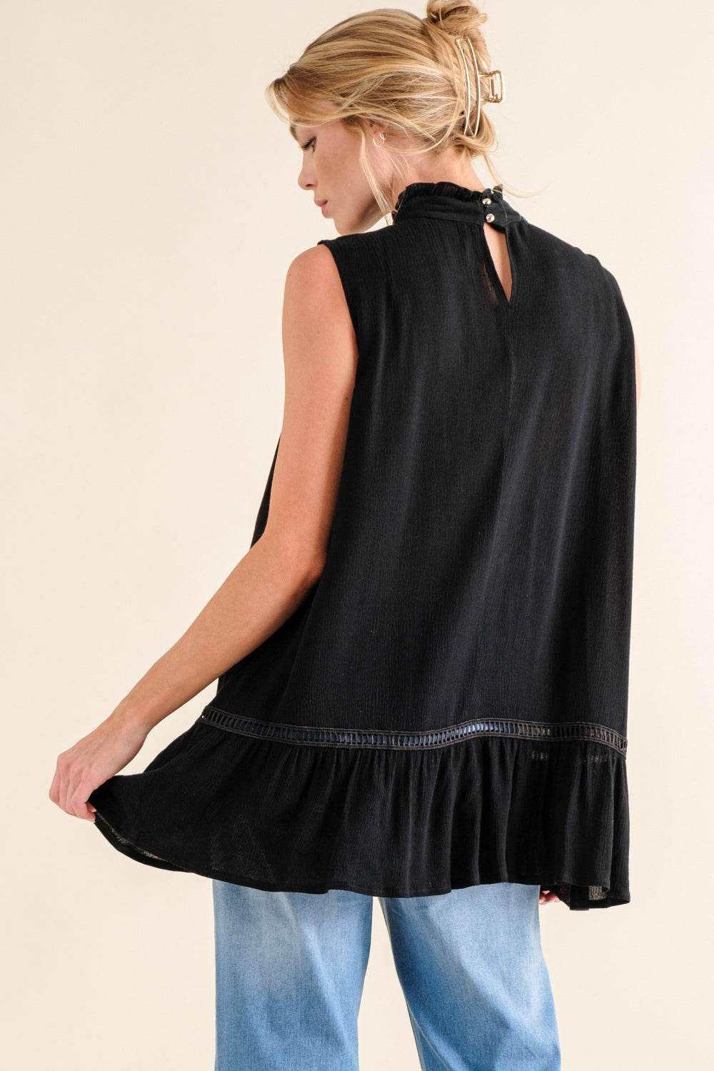 And The Why Lace Detail Sleeveless Ruffled Top - DaTrendStore.Com