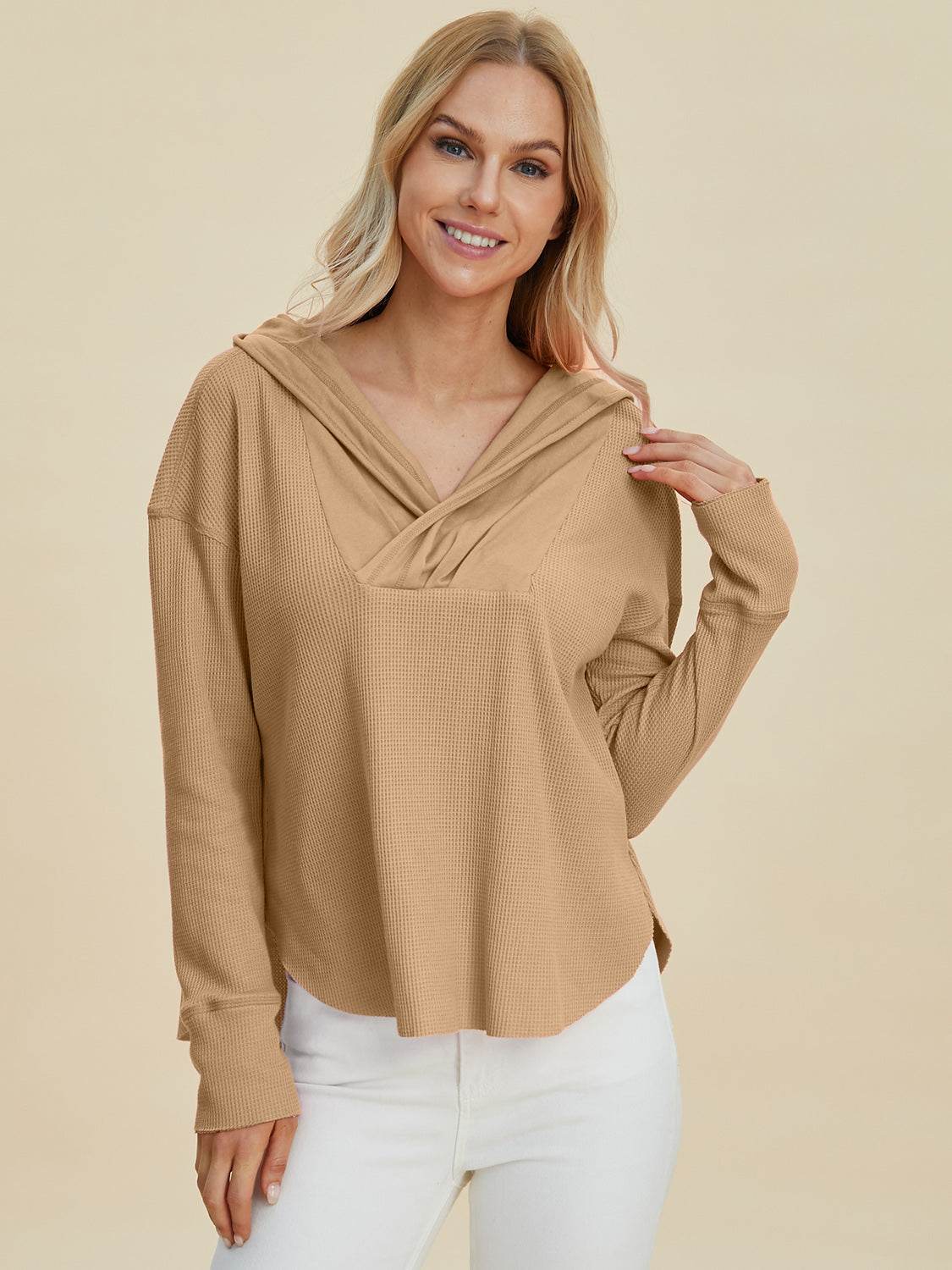 Double Take Full Size High-Low Dropped Shoulder Long Sleeve Hoodie - DaTrendStore.Com