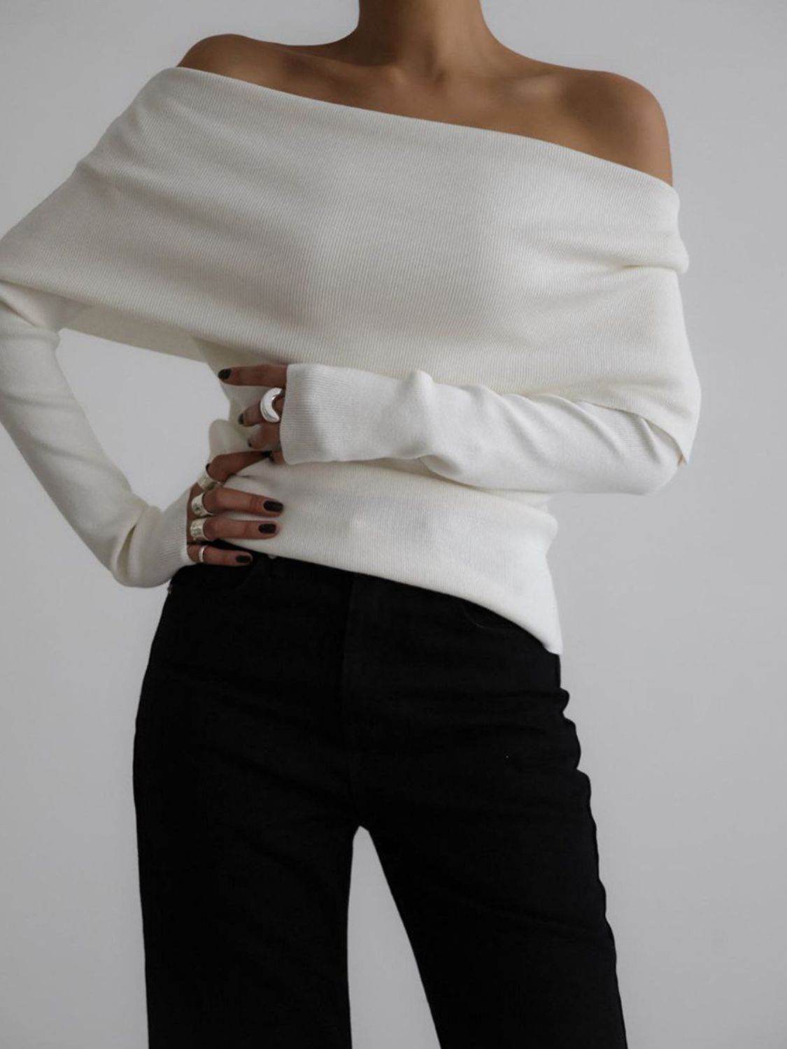 Off-Shoulder Long Sleeve Knit Top - DaTrendStore.Com