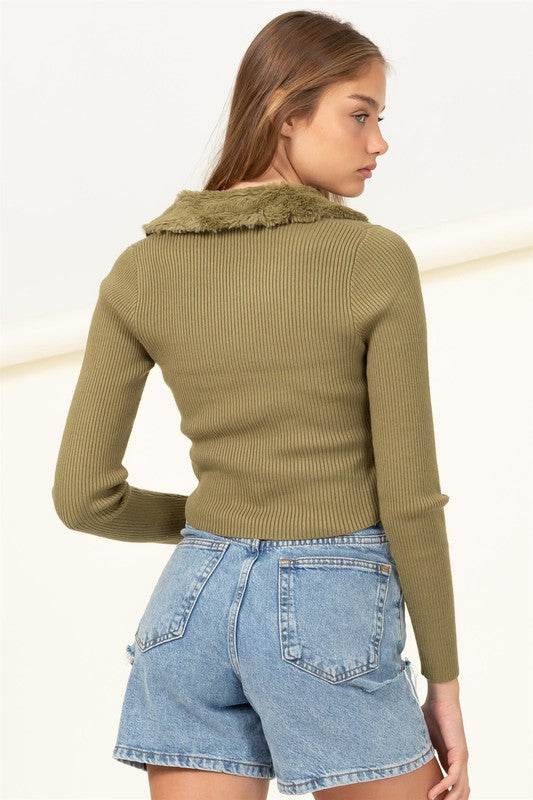 Miss Mesmerize Fur Trim Tie Front Ribbed Cardigan - DaTrendStore.Com