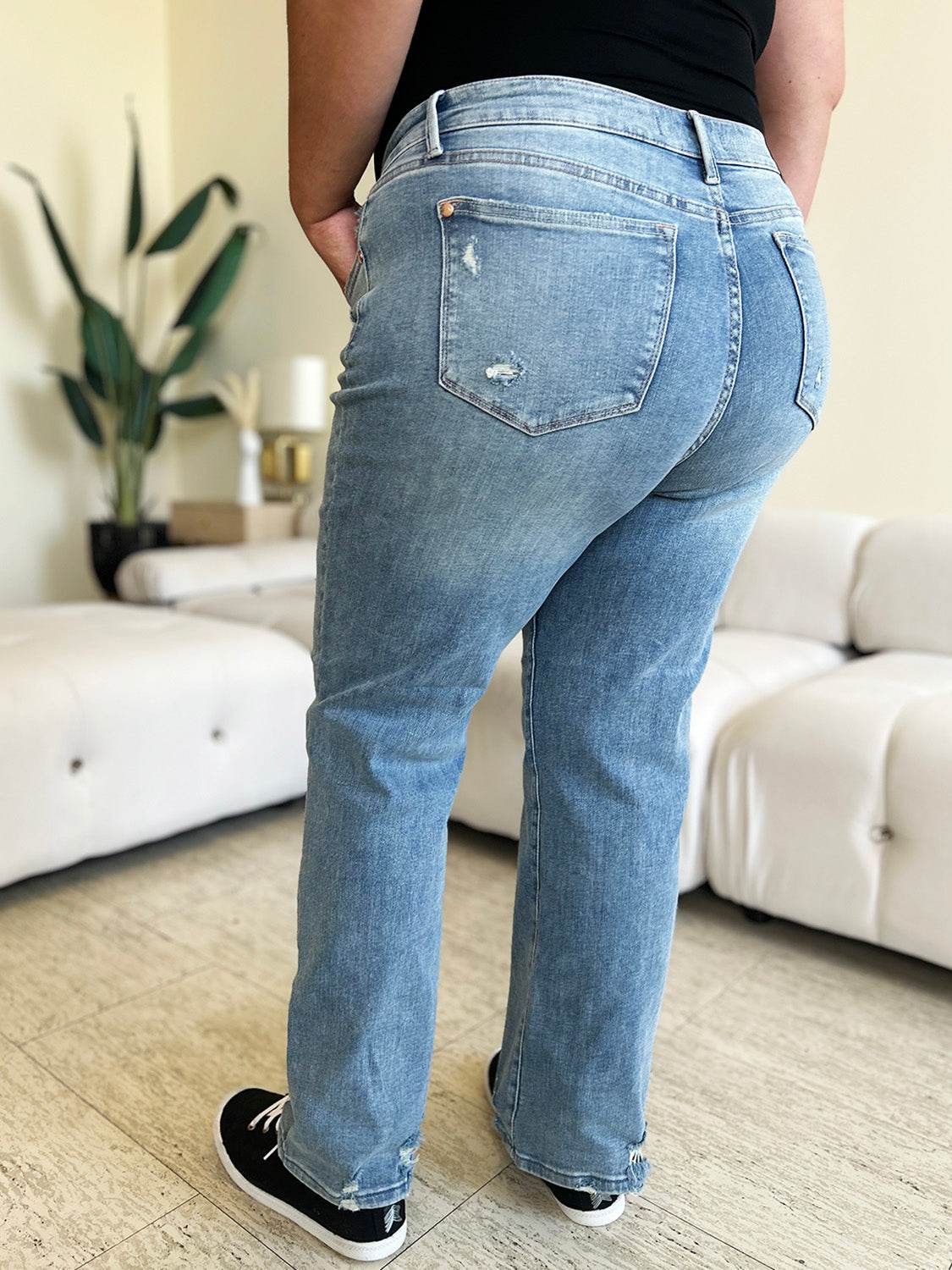 Judy Blue Full Size Mid Rise Distressed Straight Jeans - DaTrendStore.Com