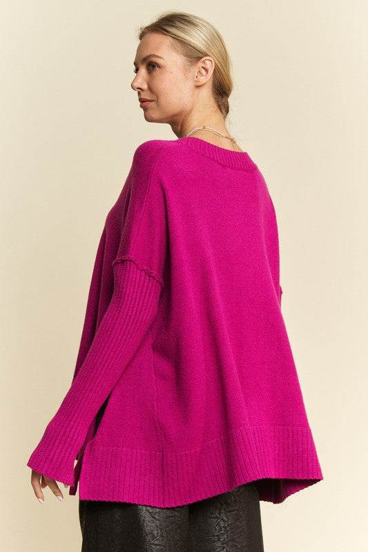 Davi & Dani Ribbed Side Slit V-Neck Sweater - DaTrendStore.Com