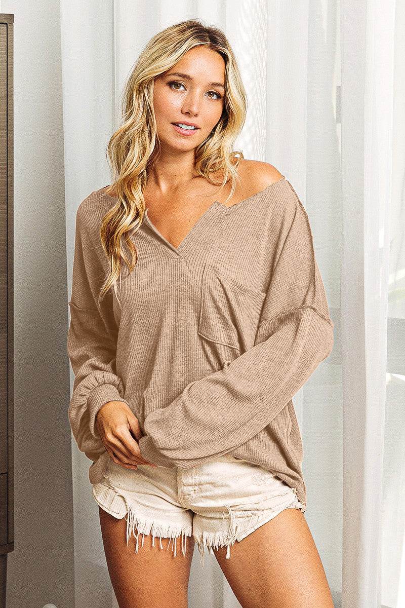 BiBi Exposed Seam Long Sleeve Top - DaTrendStore.Com