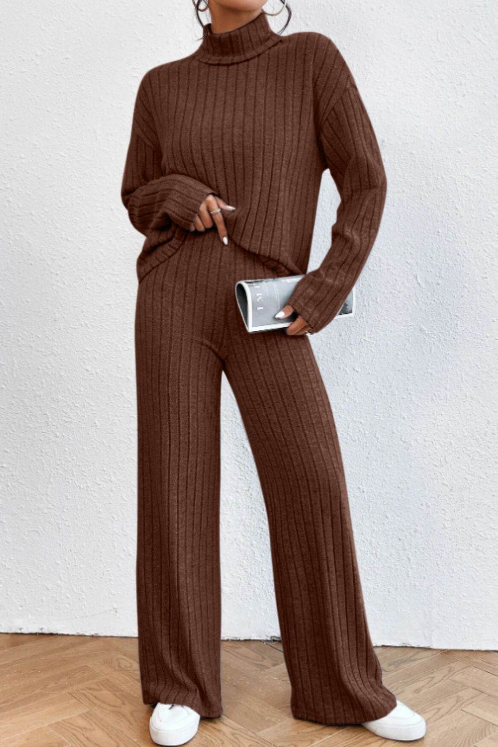 Mock Neck Dropped Shoulder Top and Pants Set - DaTrendStore.Com