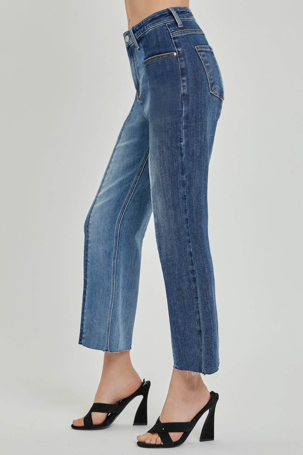 RISEN Full Size Mid-Rise Waist Two-Tones Jeans with Pockets - DaTrendStore.Com