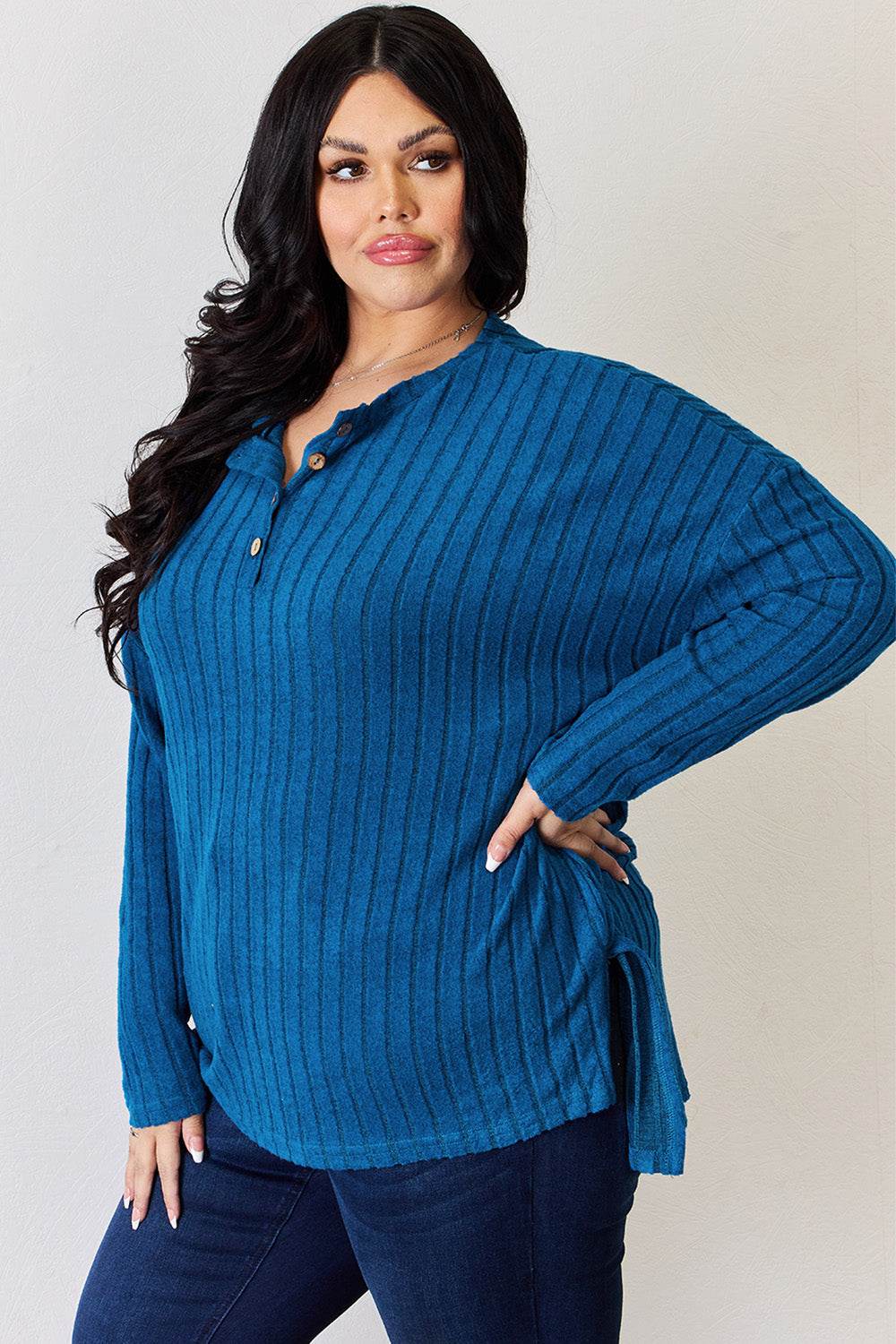 Basic Bae Full Size Ribbed Half Button Long Sleeve High-Low T-Shirt - DaTrendStore.Com