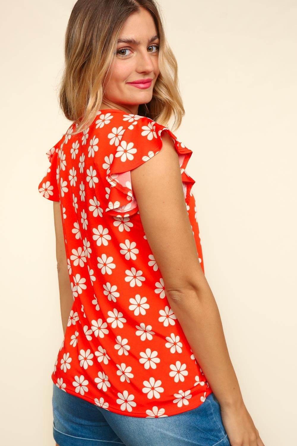 Haptics Round Neck Ruffled Floral Contrast Knit Top - DaTrendStore.Com