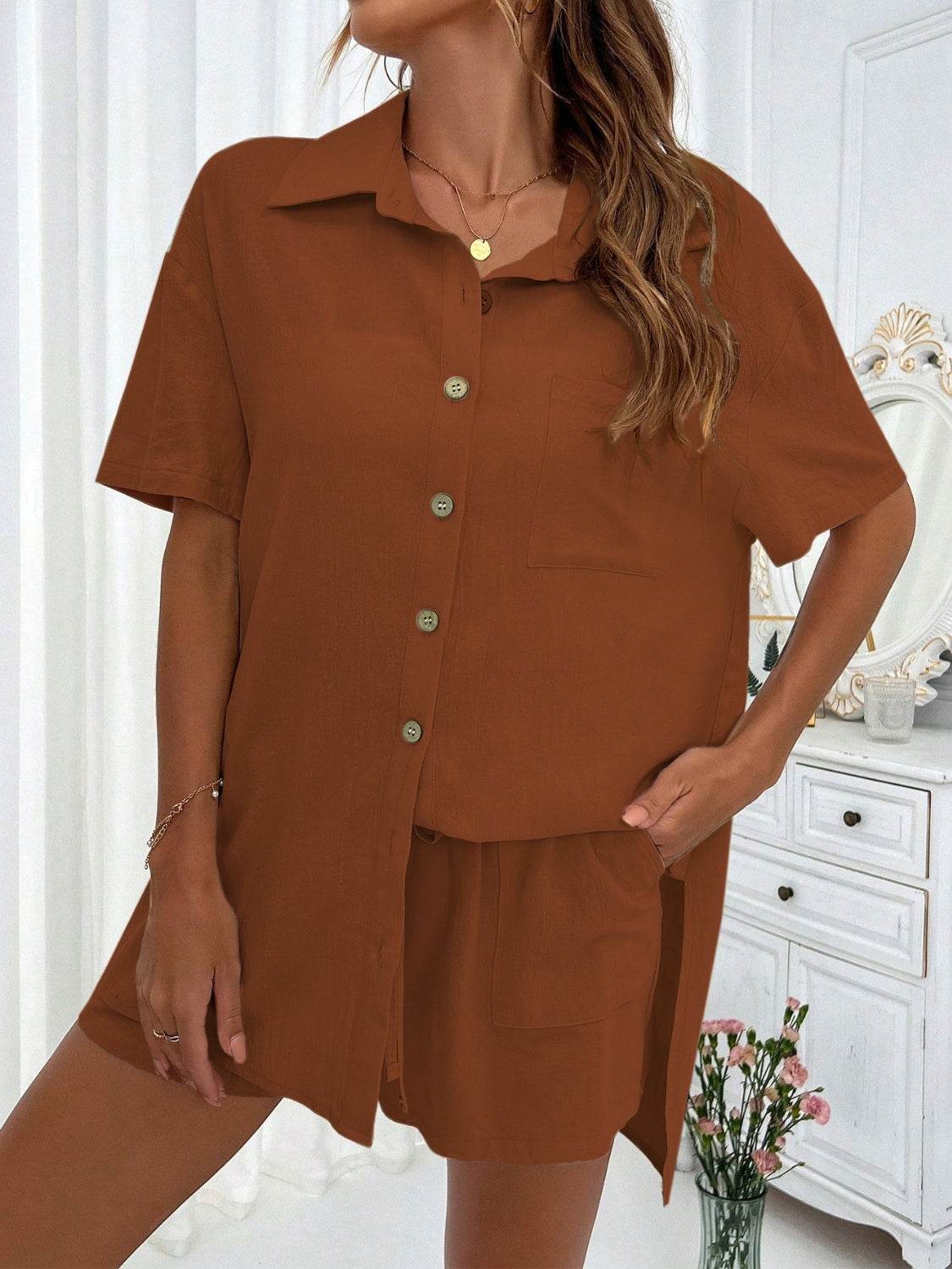 Honey Button Up Half Sleeve Top and Shorts Set - DaTrendStore.Com