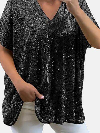 Full Size Sequin V-Neck Short Sleeve Top - DaTrendStore.Com