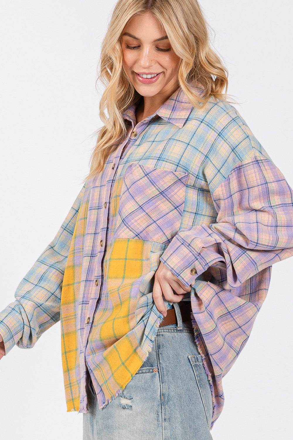 SAGE + FIG Button Up Raw Hem Plaid Flannel Shirt - DaTrendStore.Com