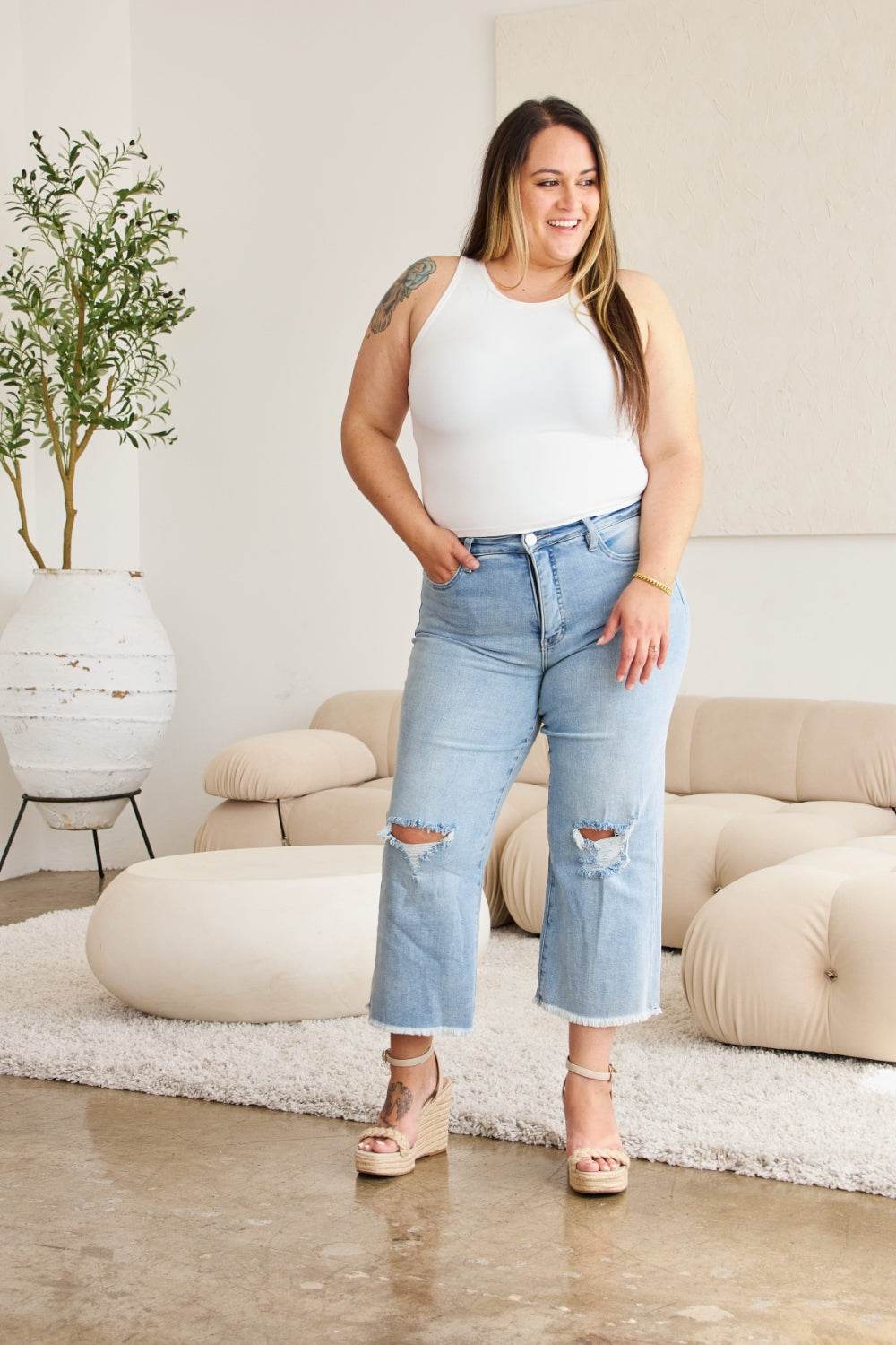 RFM Full Size Tummy Control High Waist Raw Hem Distressed Jeans - DaTrendStore.Com