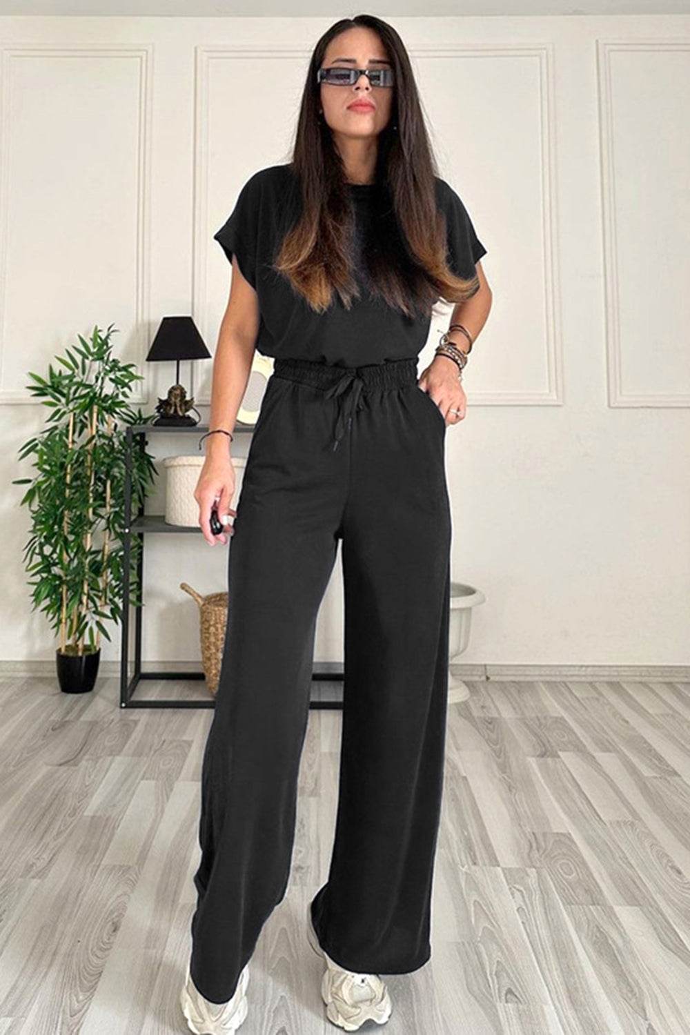 Round Neck Short Sleeve Top and Drawstring Pants Set - DaTrendStore.Com