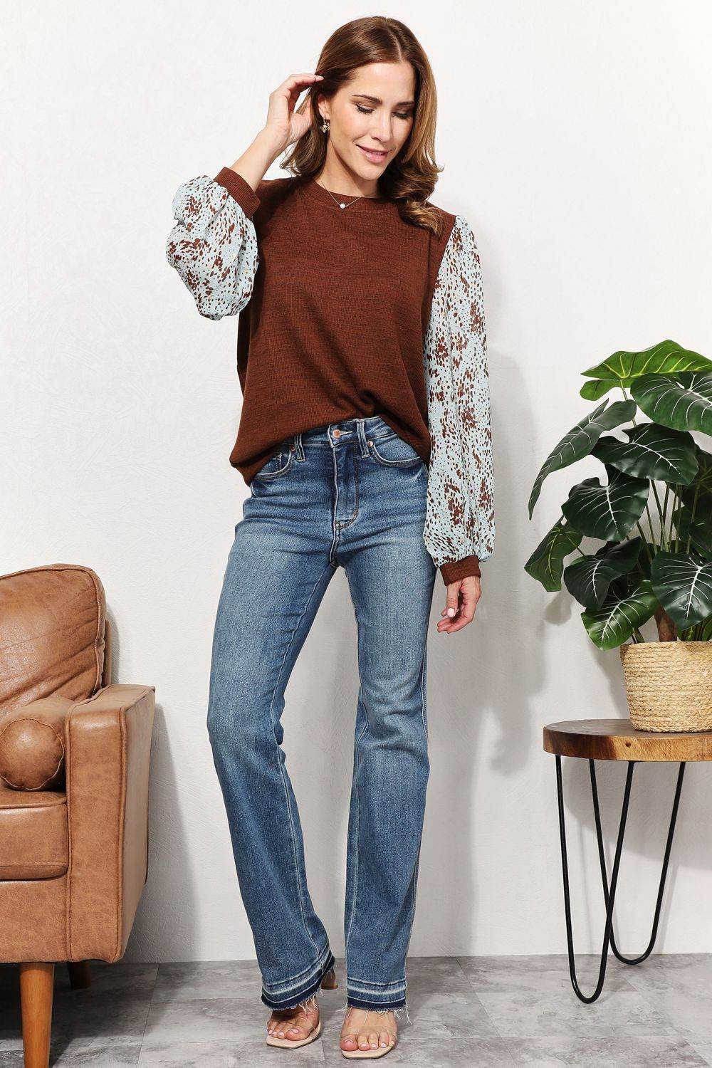 And The Why Full Size Foil Printed Sleeve Top - DaTrendStore.Com