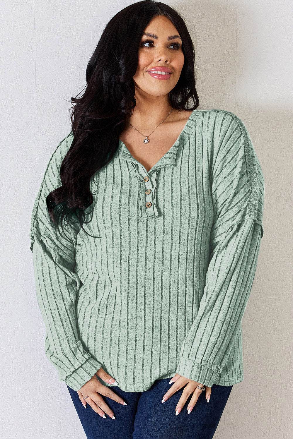 Basic Bae Full Size Ribbed Half Button Long Sleeve T-Shirt - DaTrendStore.Com