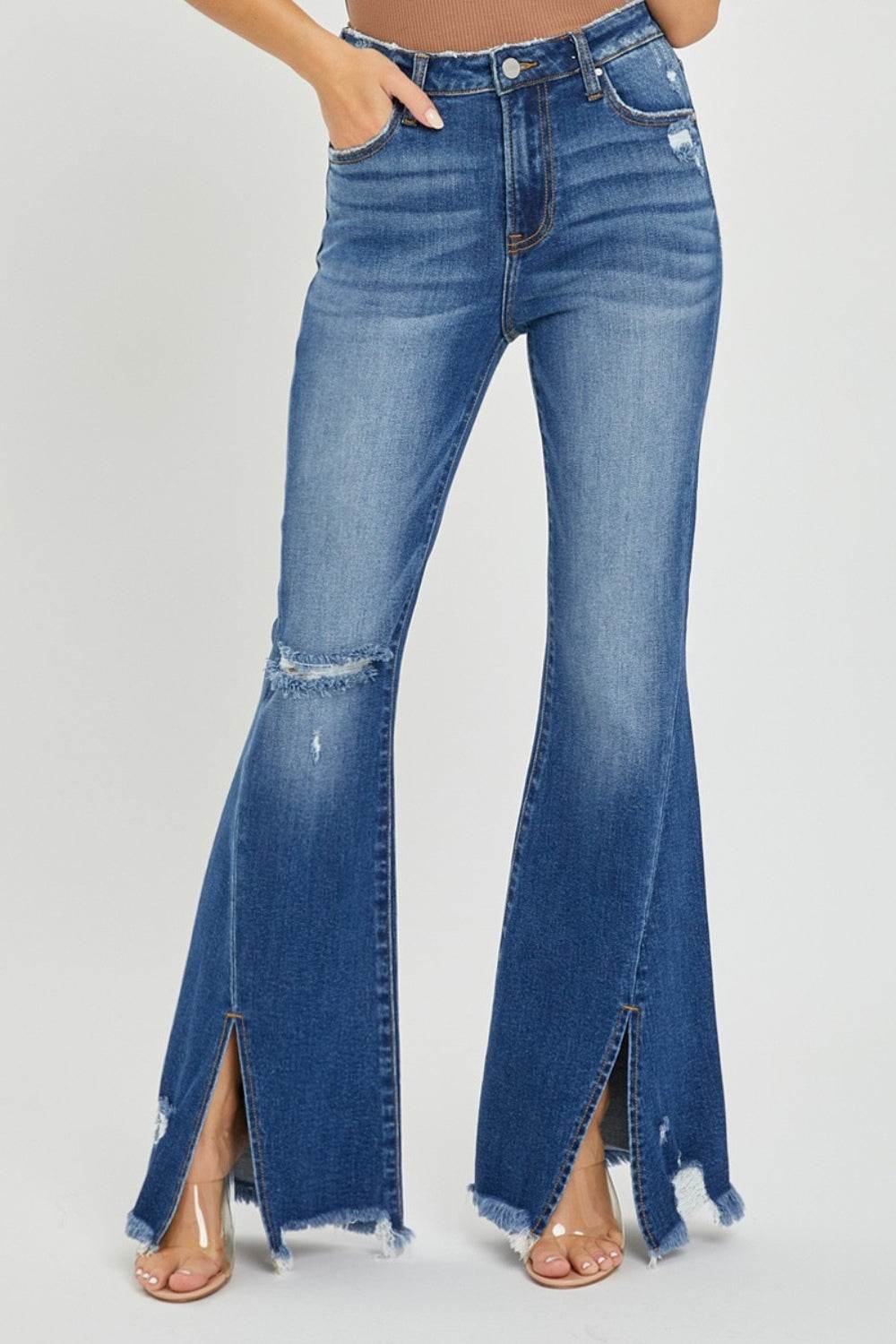 RISEN Full Size High Rise Front Slit Frayed Hem Flare Jeans - DaTrendStore.Com