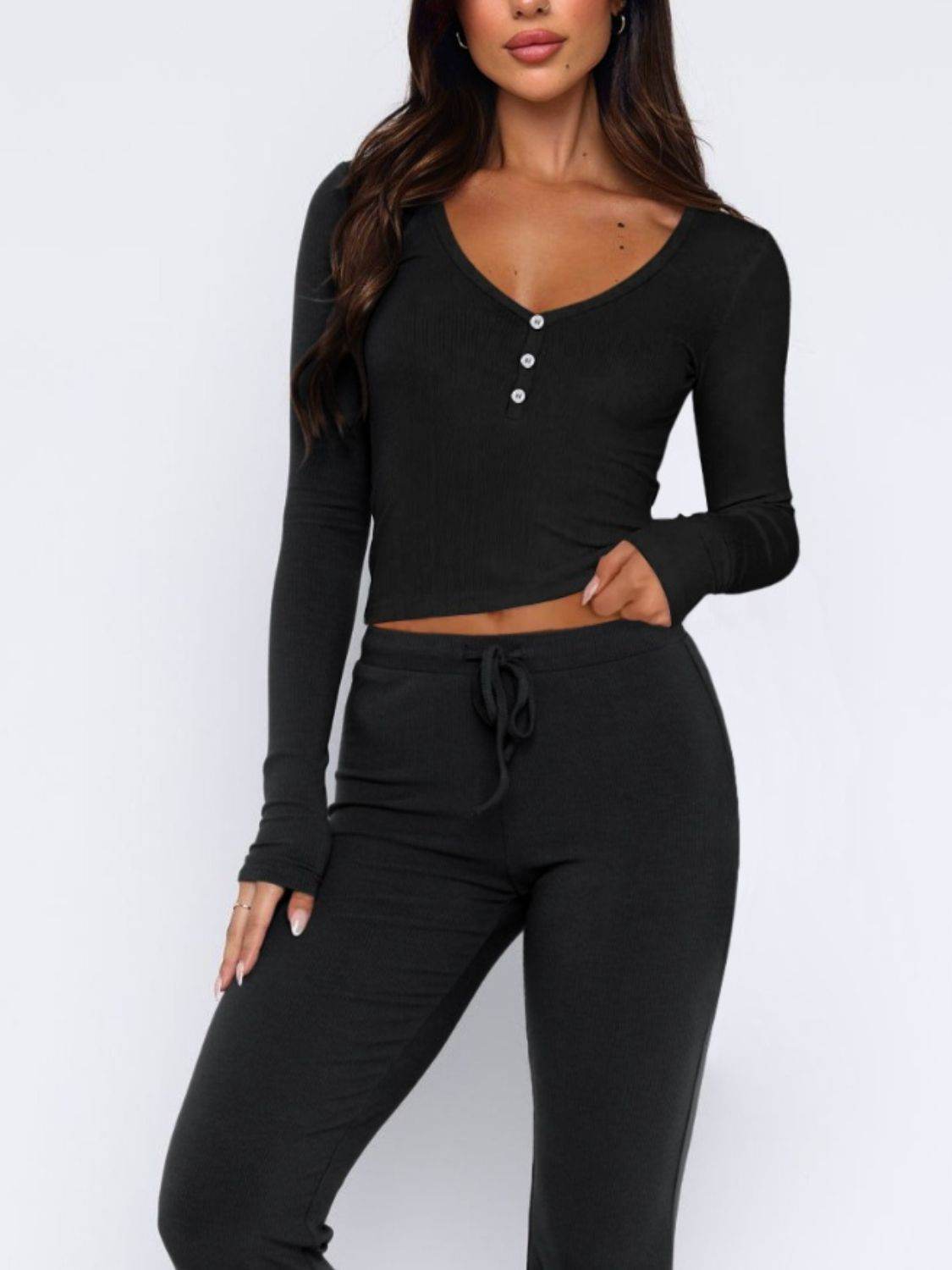 V-Neck Long Sleeve Top and Pants Set - DaTrendStore.Com