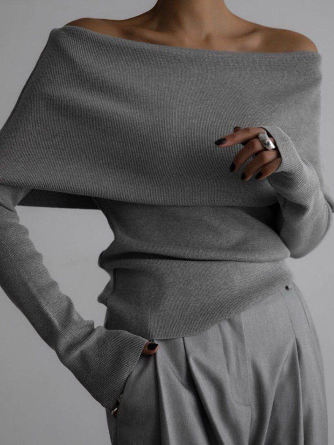 Off-Shoulder Long Sleeve Knit Top - DaTrendStore.Com