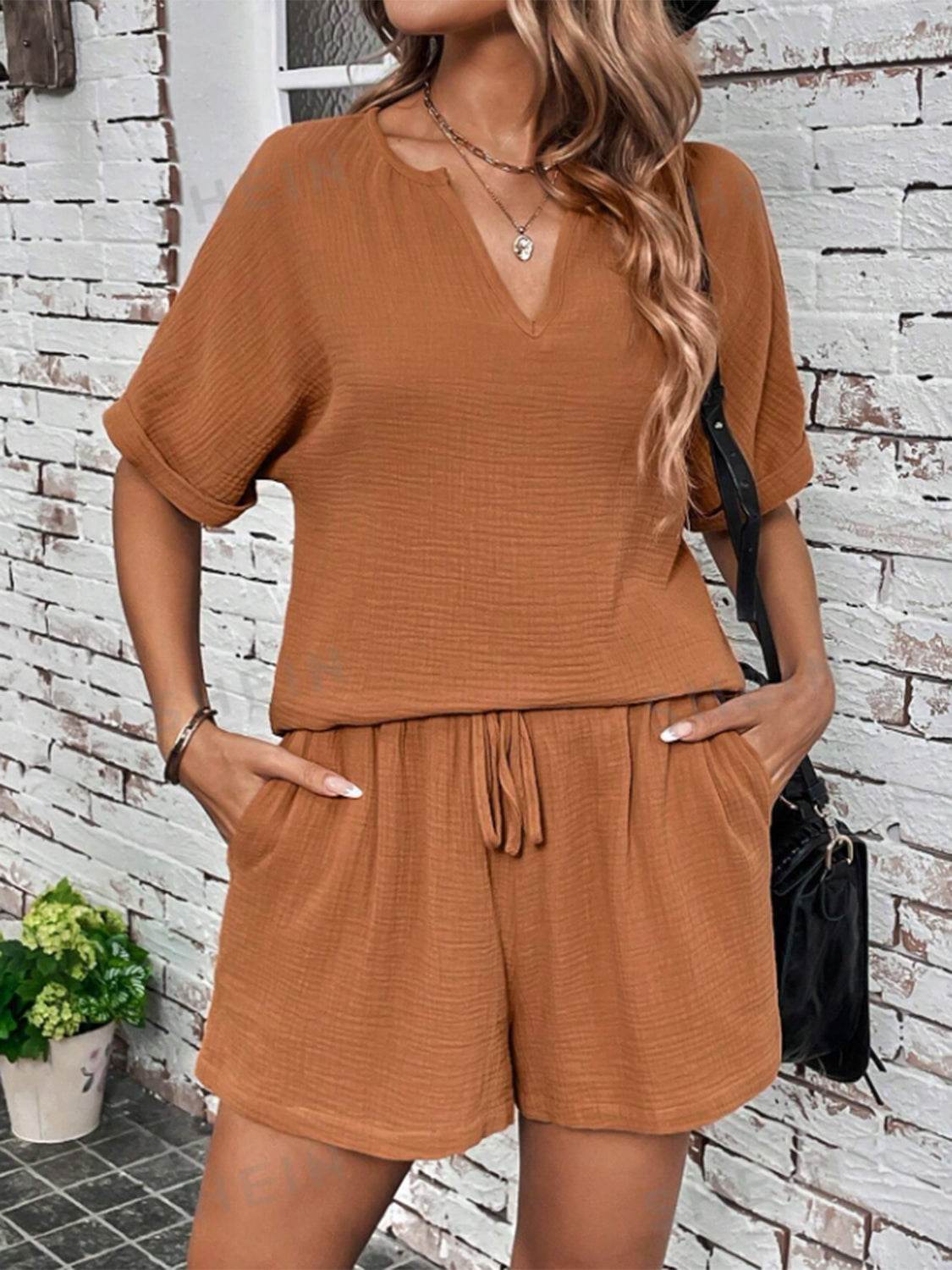 Notched Half Sleeve Top and Shorts Set - DaTrendStore.Com