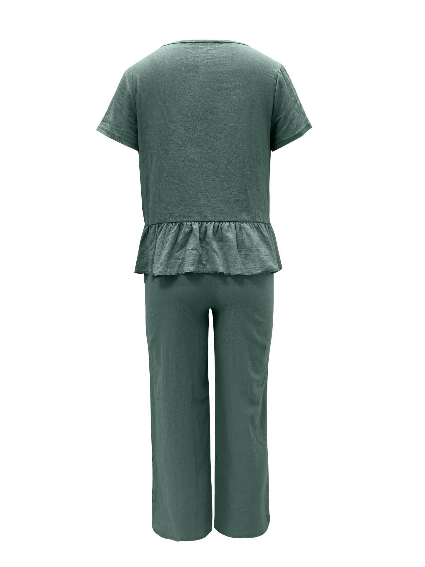 Peplum Round Neck Short Sleeve Top and Pants Set - DaTrendStore.Com