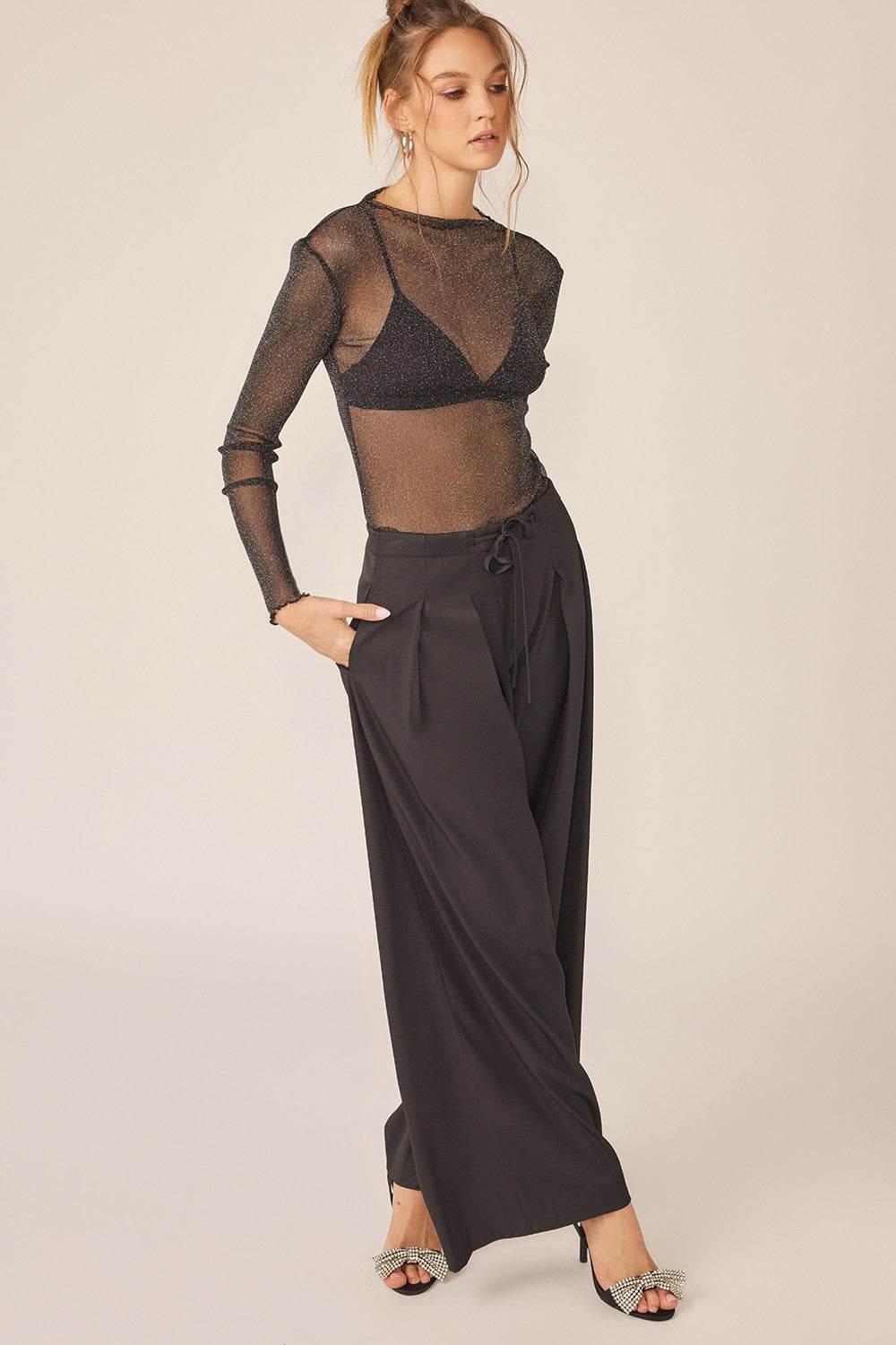 Idem Ditto Sparkling Glitter Long Sleeve Sheer Top - DaTrendStore.Com