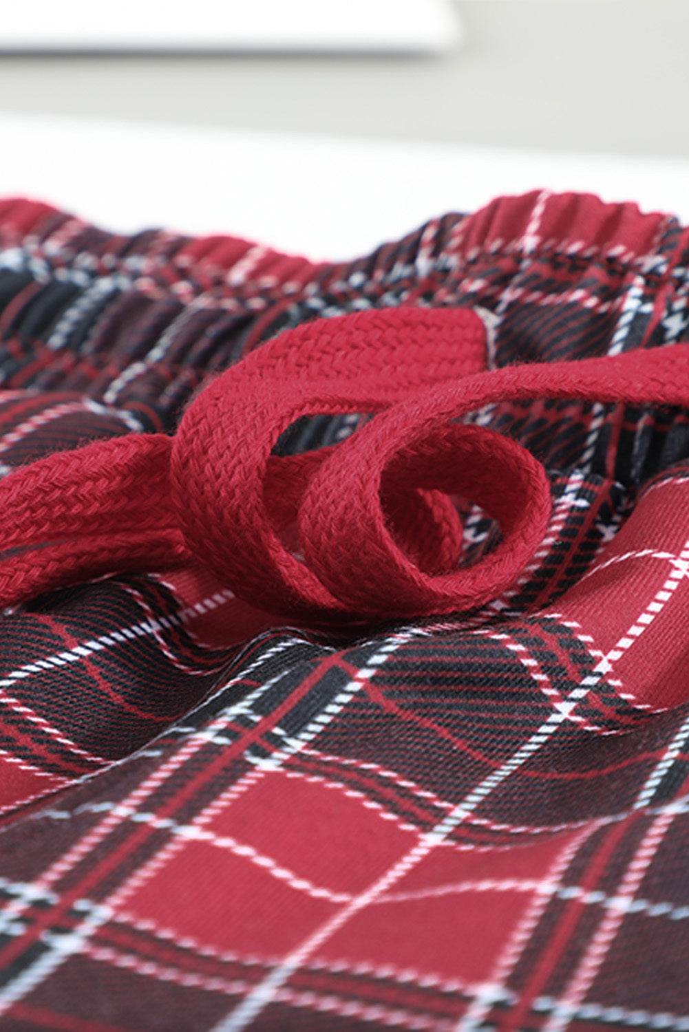 Round Neck Top and Drawstring Plaid Pants Lounge Set - DaTrendStore.Com