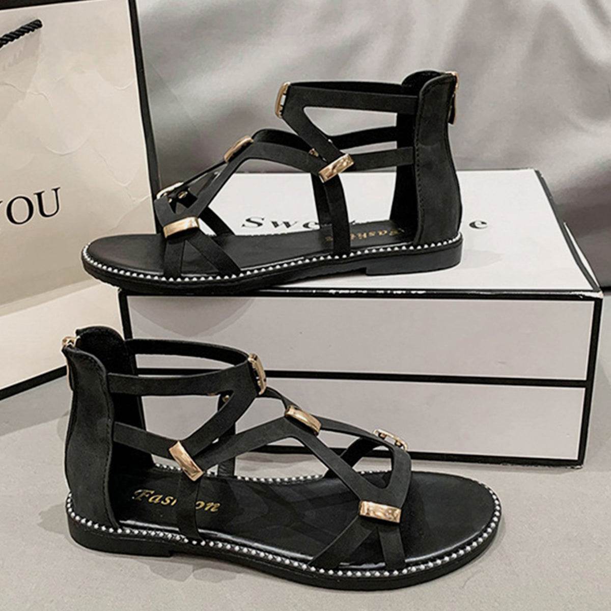 Open Toe Back Zipper Flat Sandals - DaTrendStore.Com