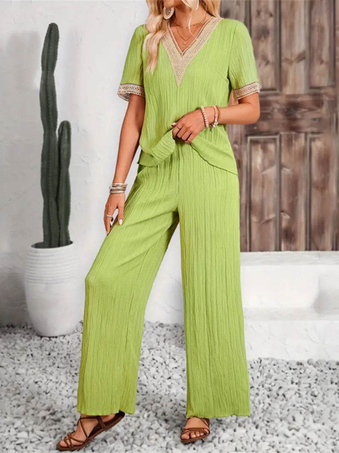 V-Neck Short Sleeve Top and Pants Set - DaTrendStore.Com