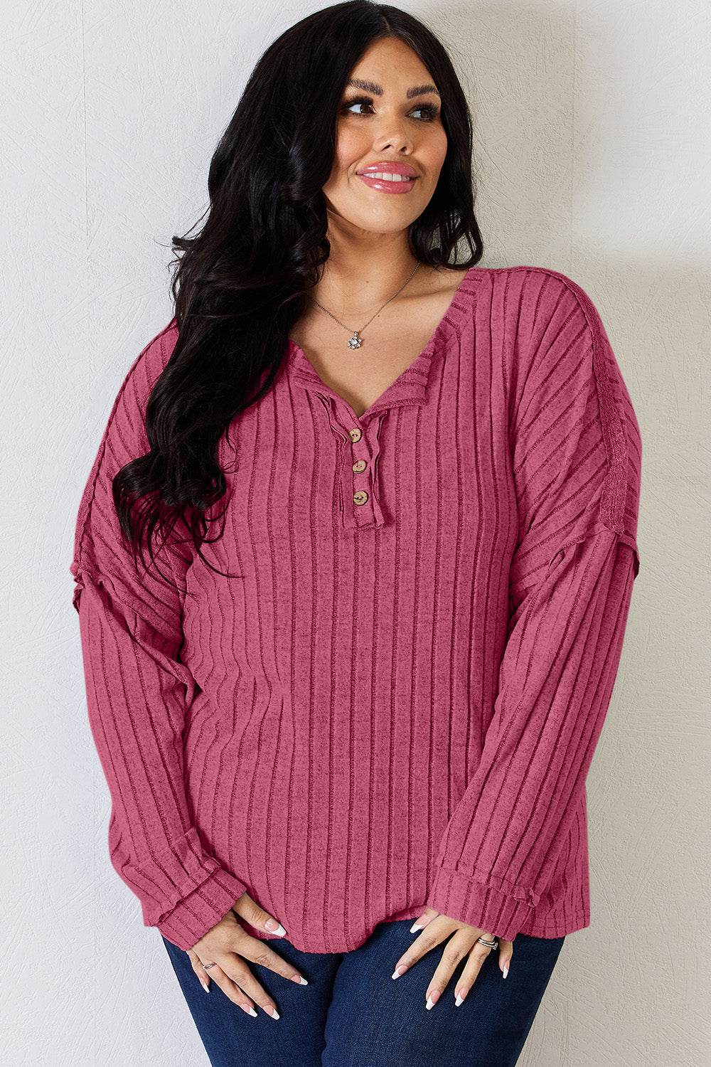 Basic Bae Full Size Ribbed Half Button Long Sleeve T-Shirt - DaTrendStore.Com