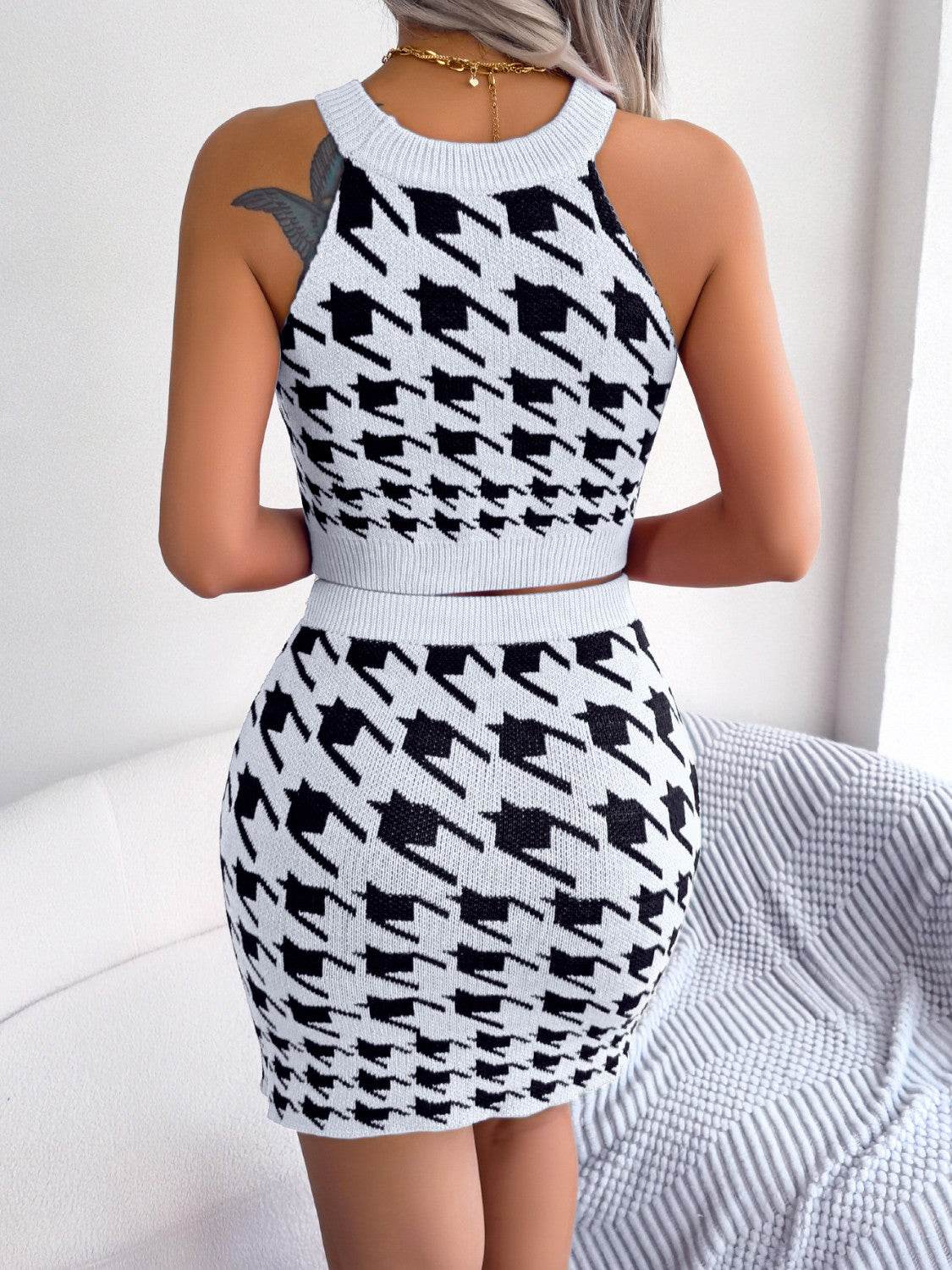 Houndstooth Sleeveless Top and Skirt Sweater Set - DaTrendStore.Com