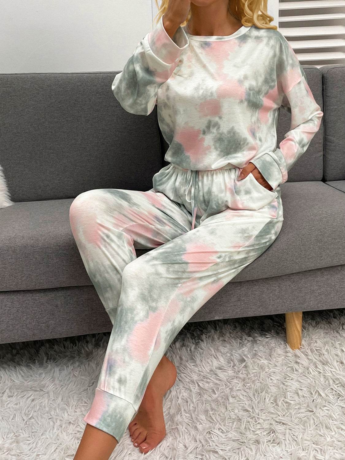 Shiny Tie-Dye Round Neck Top and Drawstring Pants Lounge Set - DaTrendStore.Com