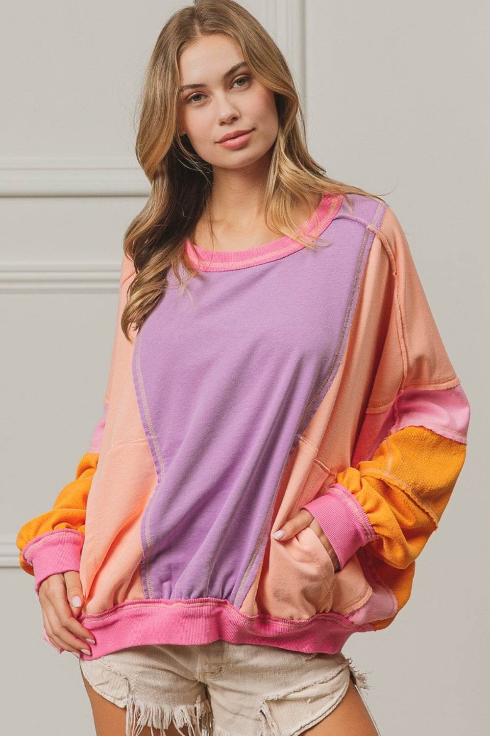 BiBi Color Block Exposed Seam Sweatshirt with Pockets - DaTrendStore.Com