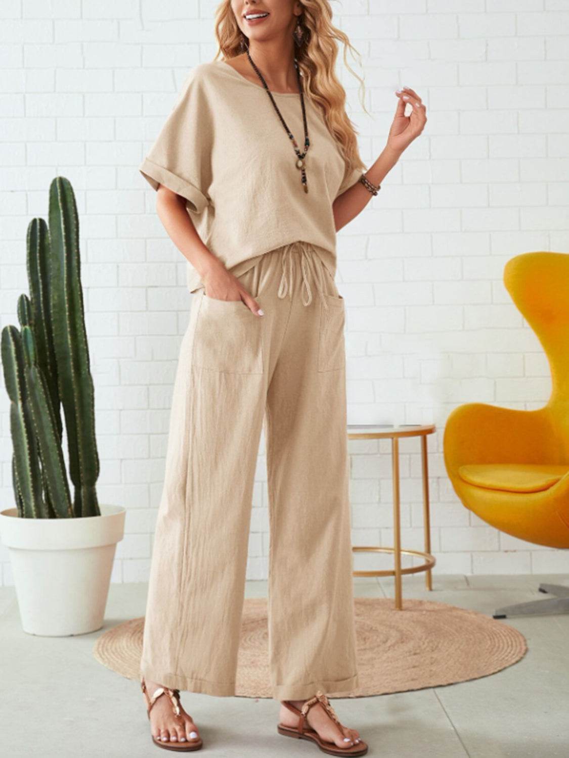 Round Neck Half Sleeve Top and Pocketed Pants Set - DaTrendStore.Com